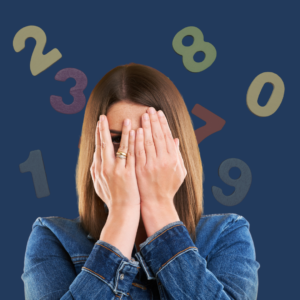 Women peeking through hands with numbers in background
